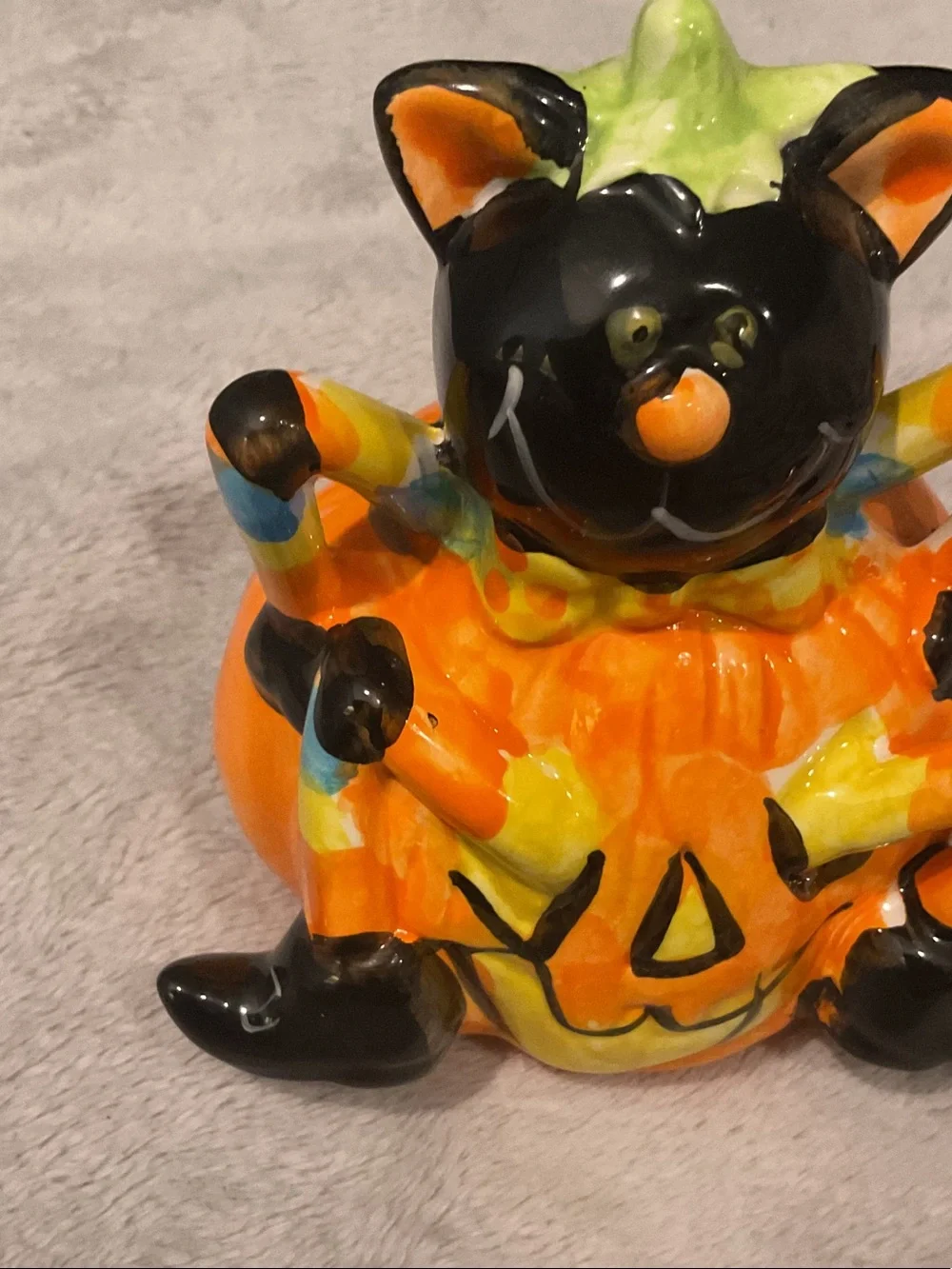 Hand-Painted Ceramic Halloween Cat on Pumpkin